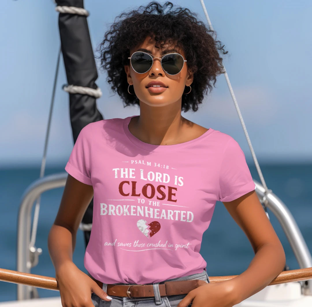 Psalm 34:18 Women's V-Neck Christian T-Shirt Close to Brokenhearted Cotton