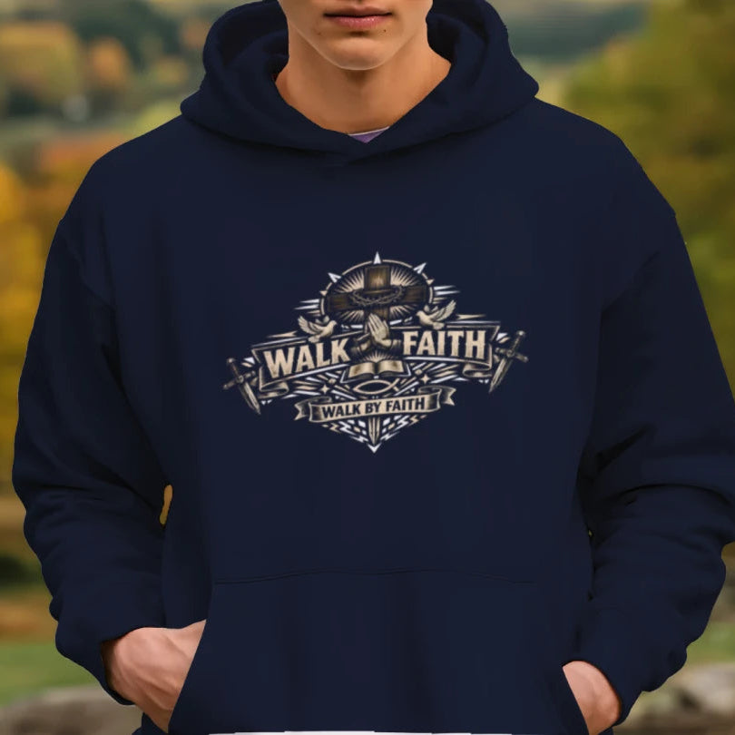 Walk By Faith Christian Hoodie Graphic Front & Sleeve Print Unisex Pullover 8oz